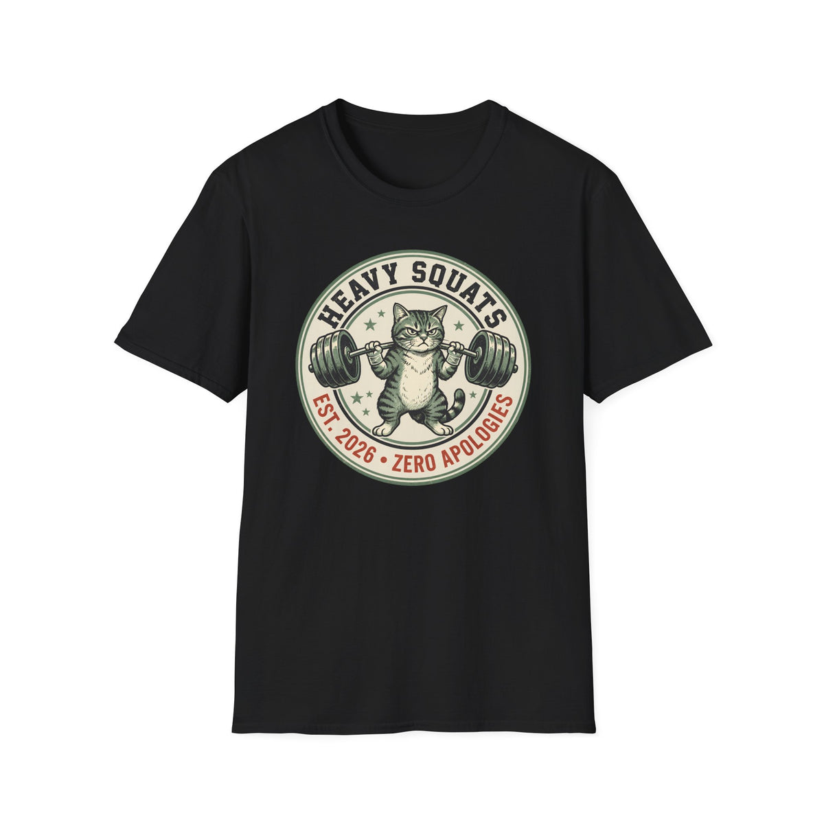 Heavy Squats, Zero Apologies – Vintage Weightlifting Cat Gym T-Shirt