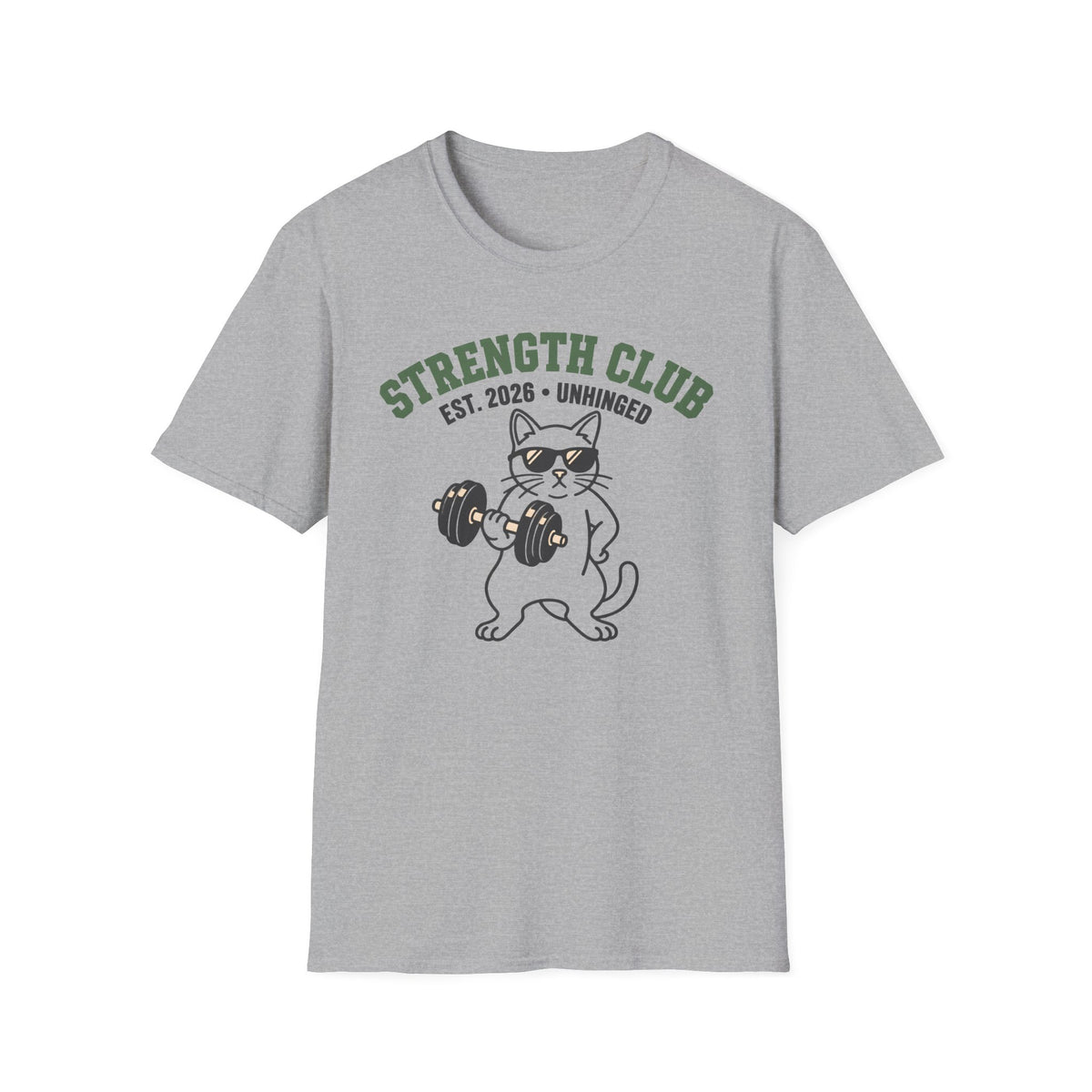 Strength Club, Unhinged – Vintage Dumbbell Cat Gym T-Shirt