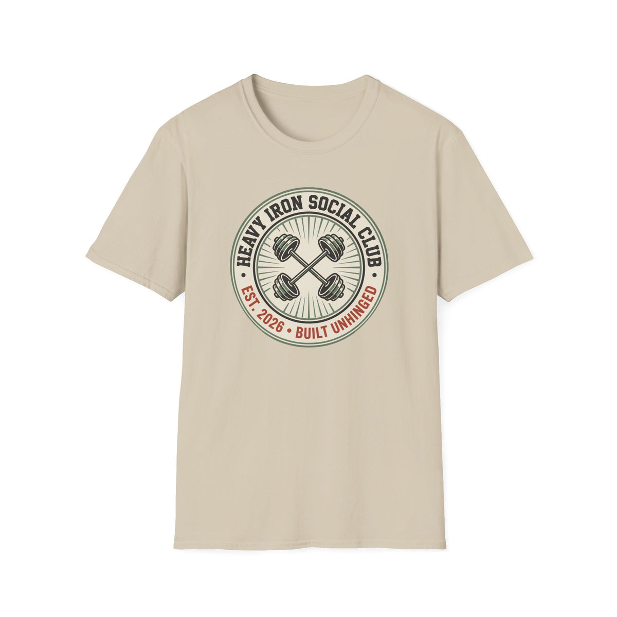 Heavy Iron Social Club, Built Unhinged – Vintage Dumbbell Gym T-Shirt