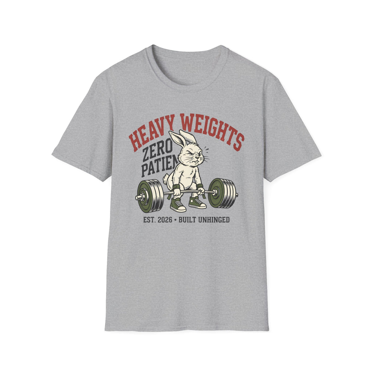 Heavy Weights. Zero Patience. – Vintage Weightlifting Rabbit T-Shirt