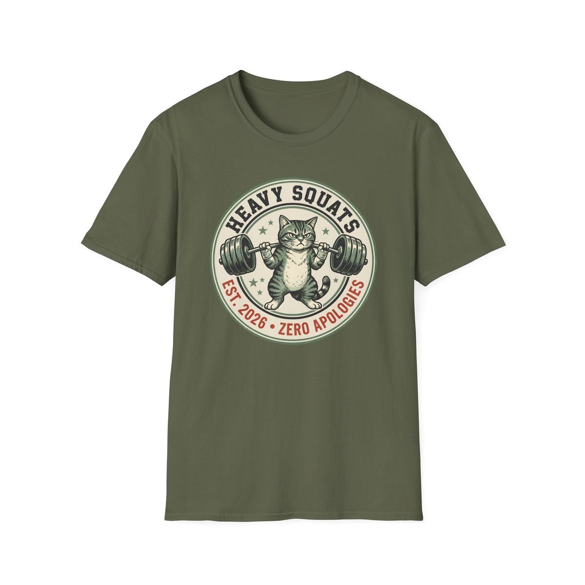 Heavy Squats, Zero Apologies – Vintage Weightlifting Cat Gym T-Shirt