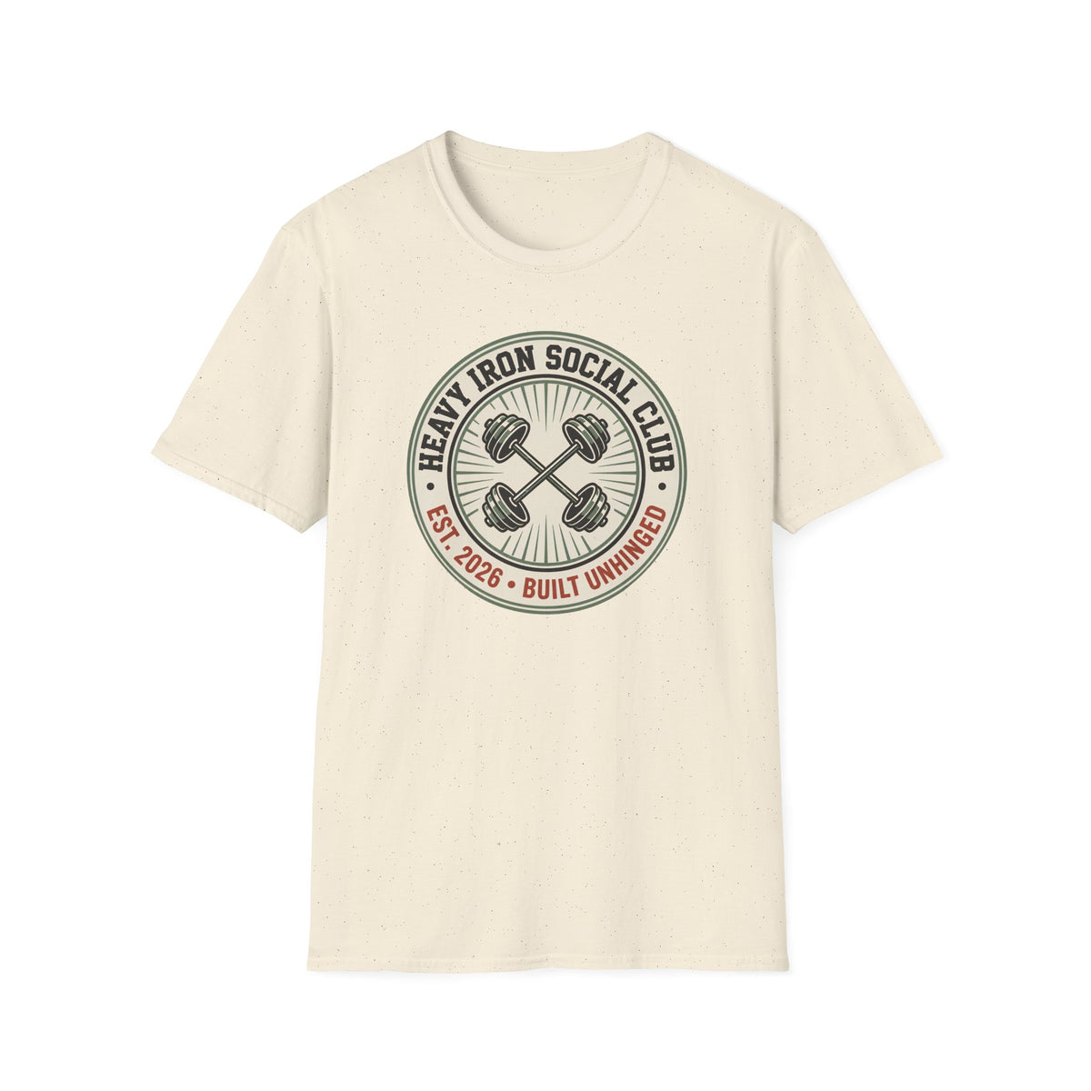 Heavy Iron Social Club, Built Unhinged – Vintage Dumbbell Gym T-Shirt