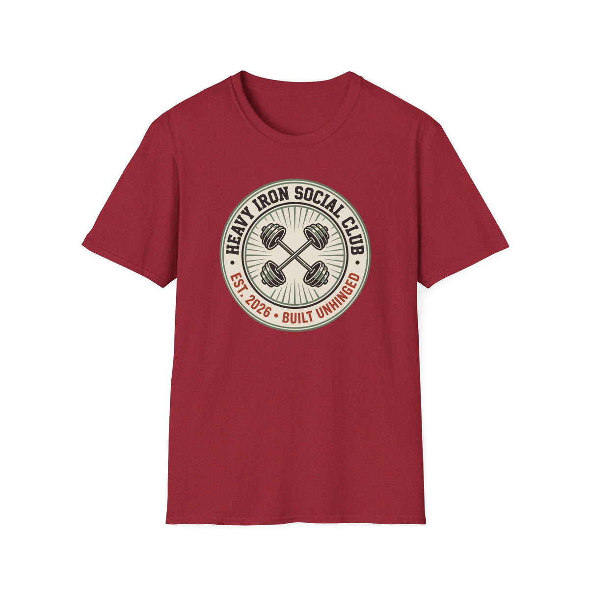 Heavy Iron Social Club, Built Unhinged – Vintage Dumbbell Gym T-Shirt