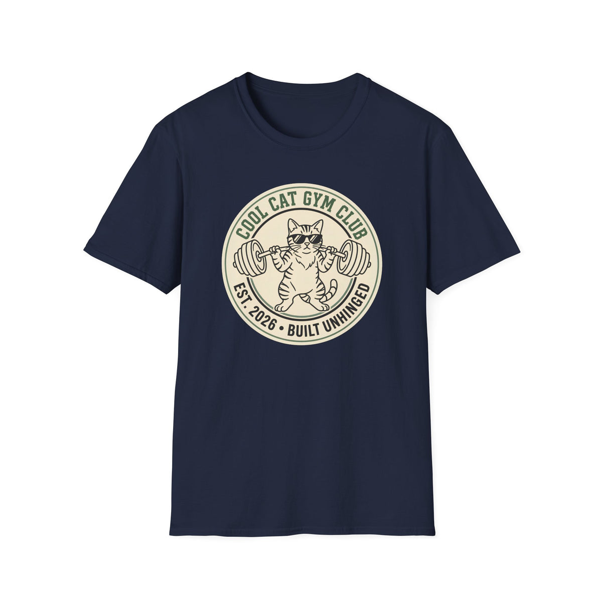 Cool Cat Gym Club, Built Unhinged – Vintage Weightlifting Cat T-Shirt