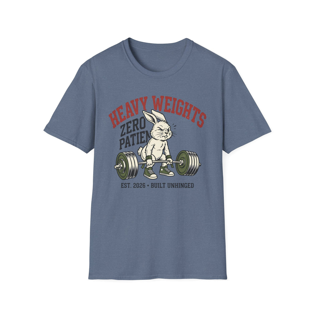 Heavy Weights. Zero Patience. – Vintage Weightlifting Rabbit T-Shirt