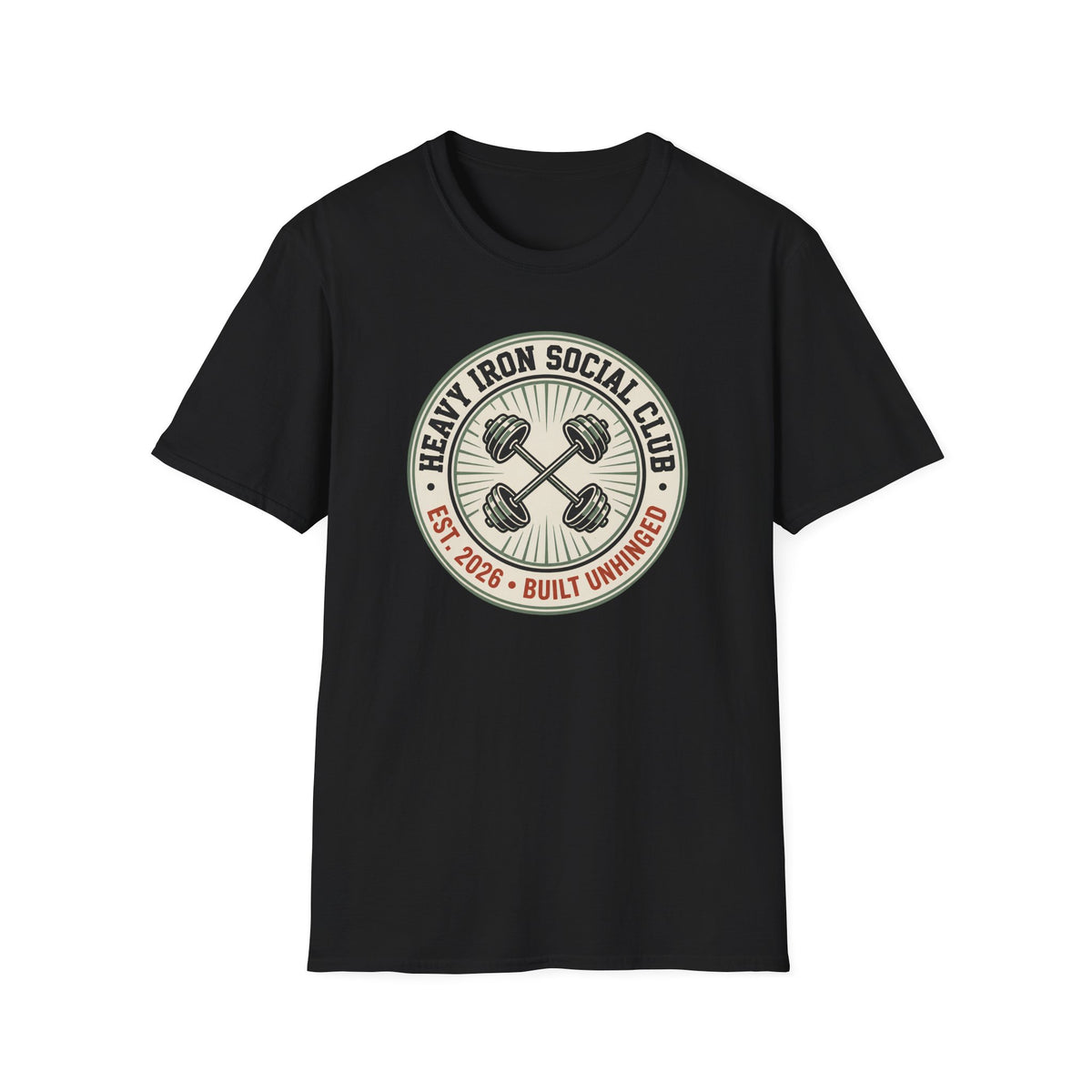 Heavy Iron Social Club, Built Unhinged – Vintage Dumbbell Gym T-Shirt