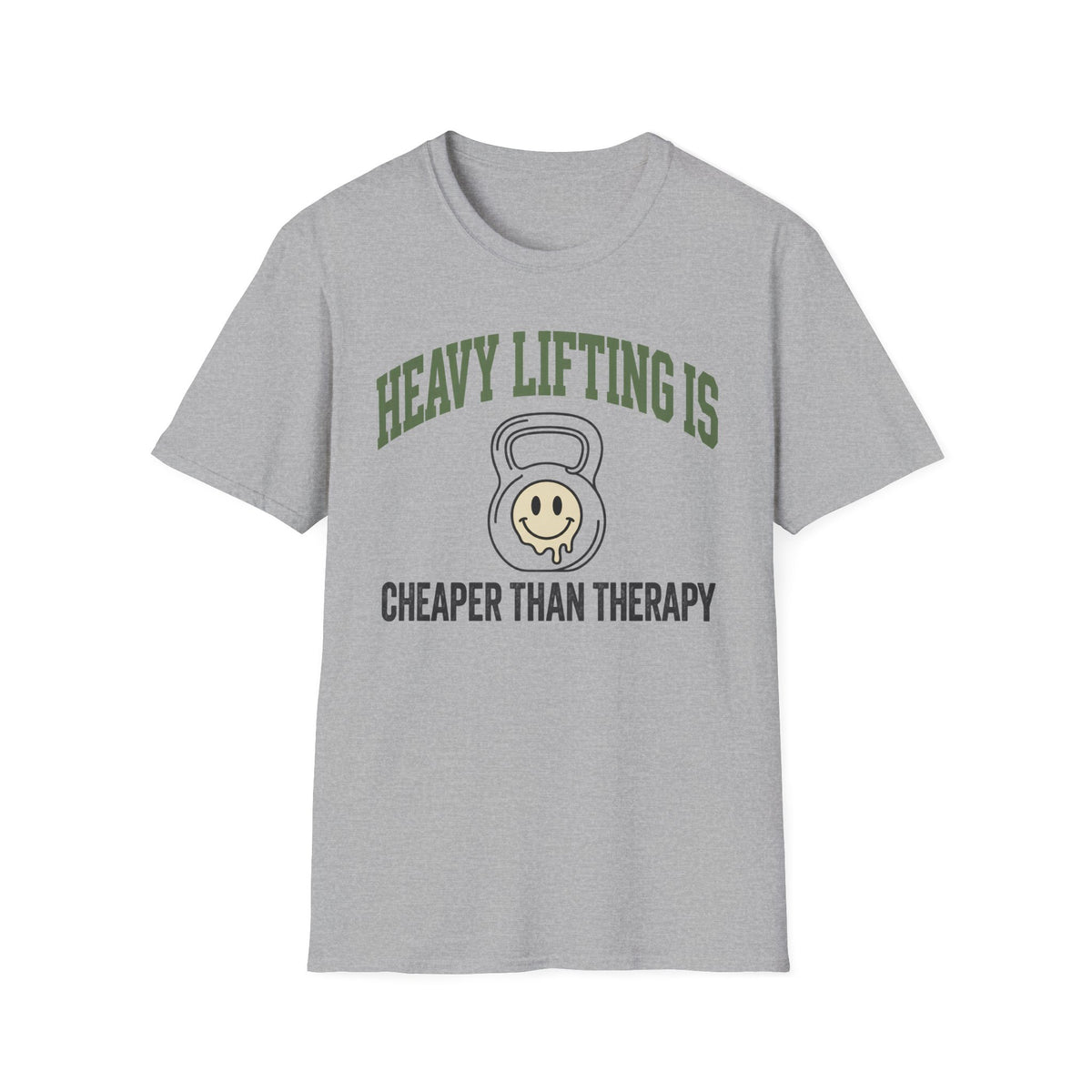 Heavy Lifting Is Cheaper Than Therapy – Melting Smiley Kettlebell T-Shirt