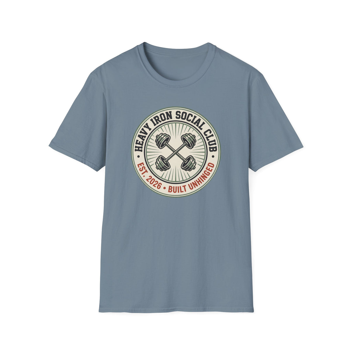 Heavy Iron Social Club, Built Unhinged – Vintage Dumbbell Gym T-Shirt