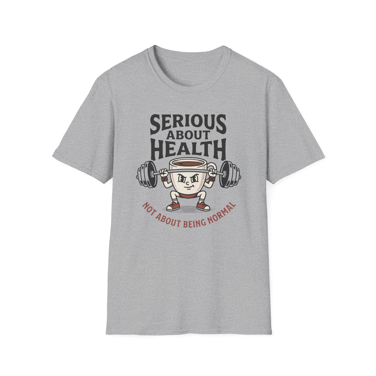Serious About Health, Not About Being Normal – Retro Weightlifting Coffee Cup T-Shirt