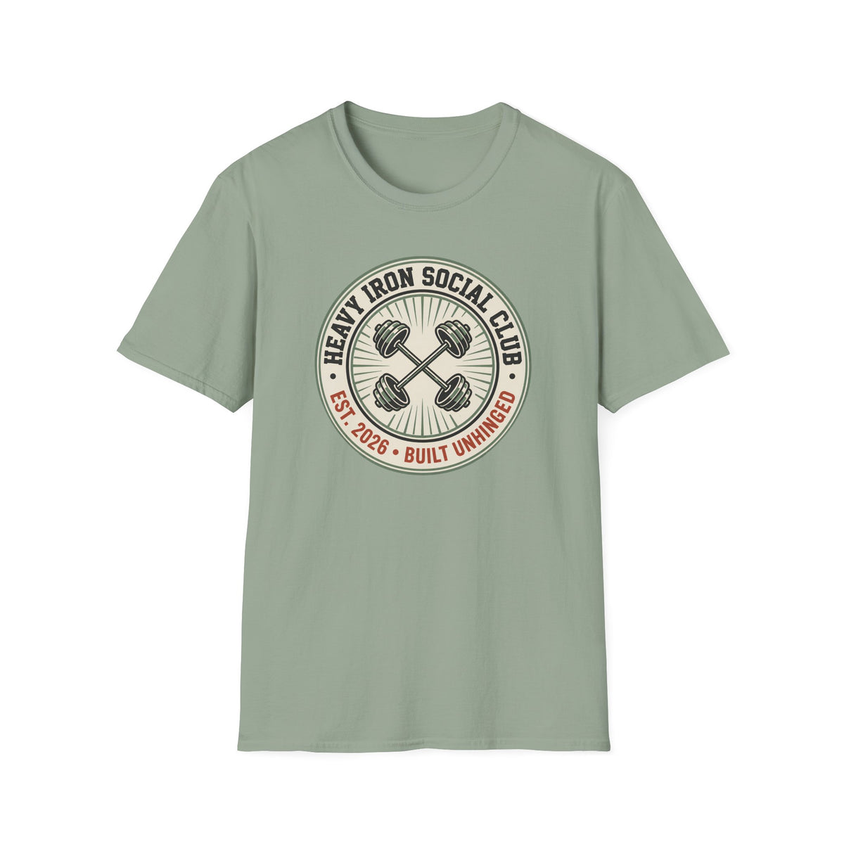 Heavy Iron Social Club, Built Unhinged – Vintage Dumbbell Gym T-Shirt
