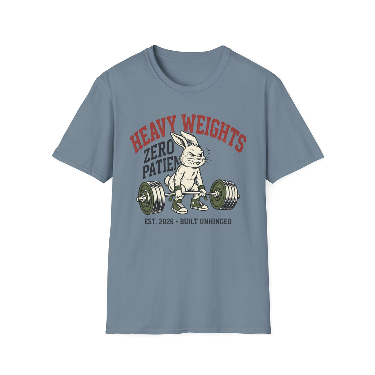 Heavy Weights. Zero Patience. – Vintage Weightlifting Rabbit T-Shirt