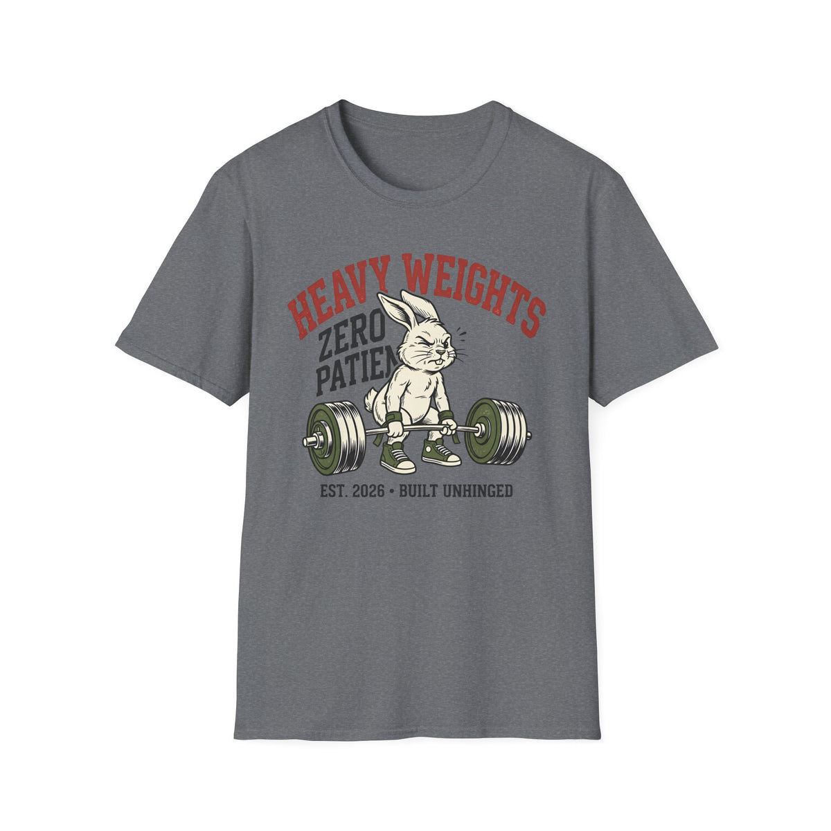 Heavy Weights. Zero Patience. – Vintage Weightlifting Rabbit T-Shirt